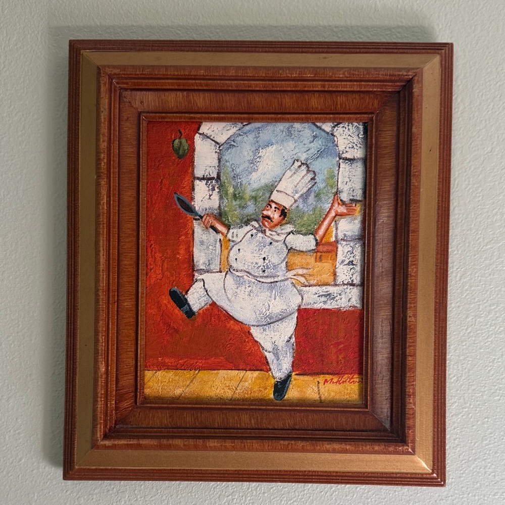 Original painting of a chef. Mid-century modern. Professionally framed. Signed.